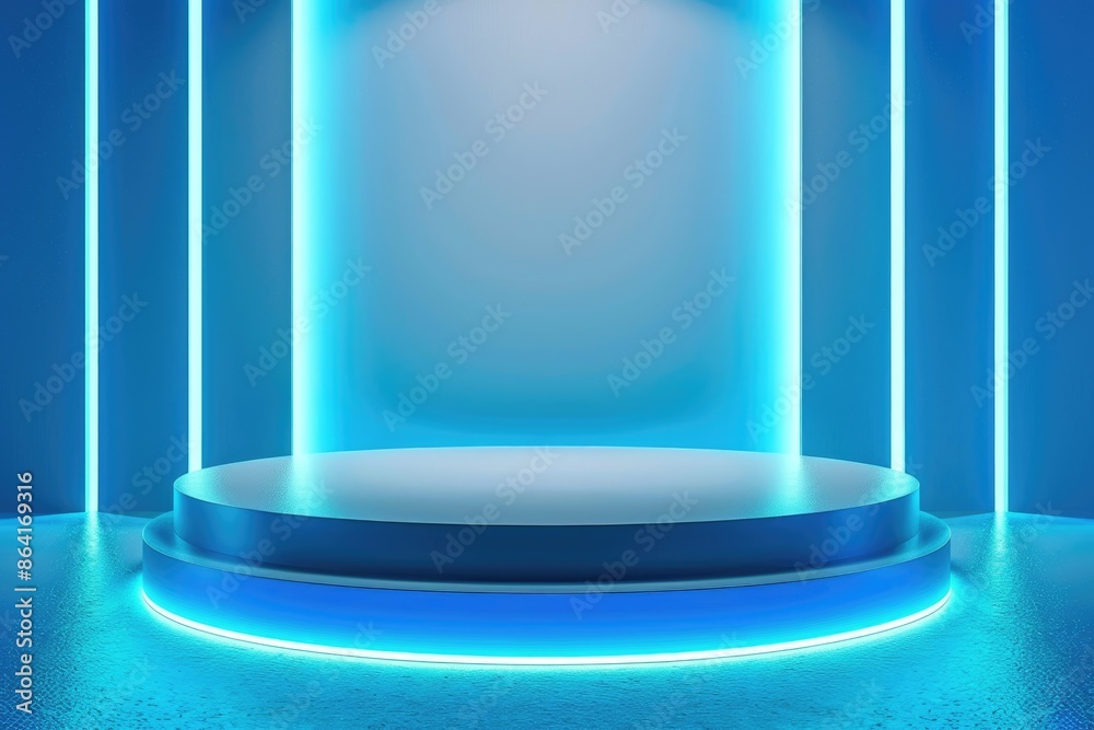 Beautiful futuristic technological light blue podium with light neon panels for product presentation Beautiful futuristic technological light blue podium with light neon panels for product presentation
