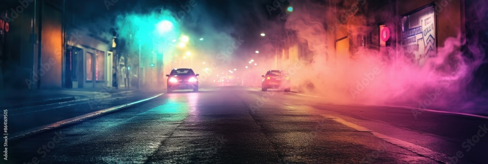 Cityscape at Night with Fog and Neon Lights Cityscape at Night with Fog and Neon Lights