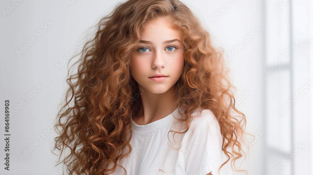 Portrait of a beautiful teenage girl with curly hair advertising skincare and hair products, studio shot, white background with copy space
Portrait of a beautiful teenage girl with curly hair advertising skincare and hair products, studio shot, white background with copy space