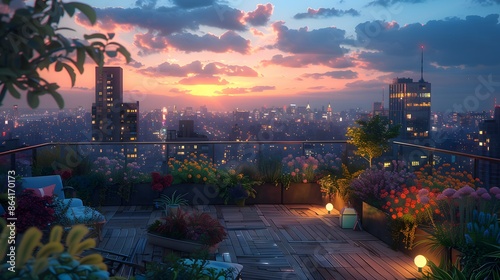 Lifelike depiction of a lush rooftop garden against the backdrop of a bustling cityscape at dusk, meticulously crafted wooden decking and a vibrant sunset horizon. photo