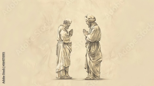 Visual of Pharisee and Tax Collector Parable: Contrasting Prayers, Beige Background, Biblical Illustration, Copyspace
