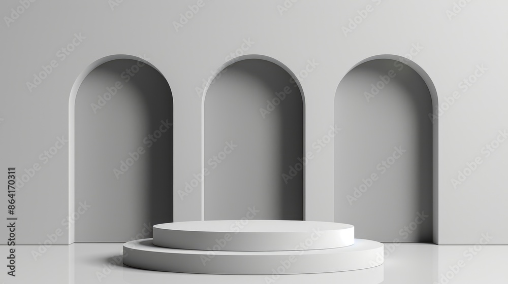 Futuristic Minimalist 3D Podium with Geometric Shapes on Monochrome Background - Modern Presentation Concept Design, Generative AI Futuristic Minimalist 3D Podium with Geometric Shapes on Monochrome Background - Modern Presentation Concept Design, Generative AI