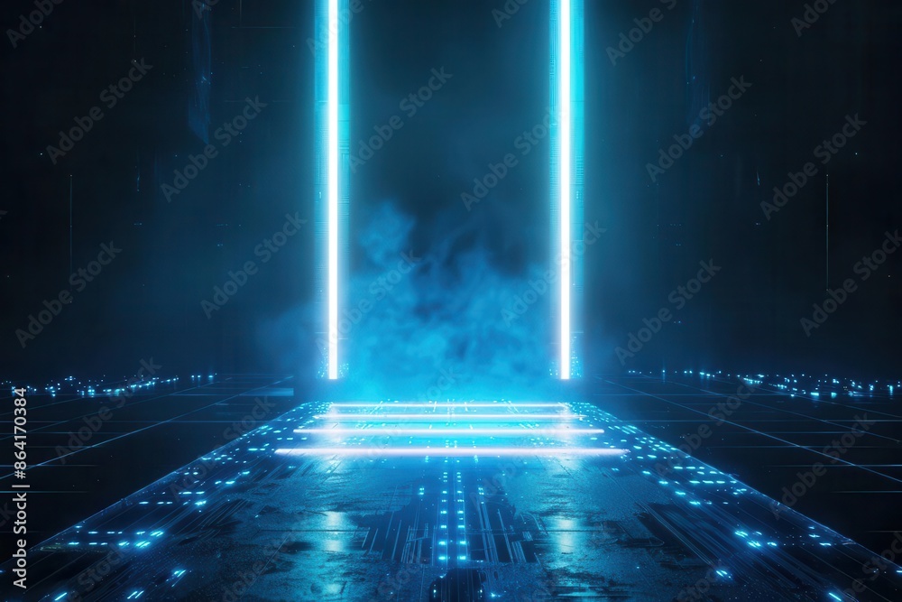 futuristic tech interface with glowing blue neon grid lines holographic display emerges from dark background suggesting advanced ai or virtual reality system futuristic tech interface with glowing blue neon grid lines holographic display emerges from dark background suggesting advanced ai or virtual reality system