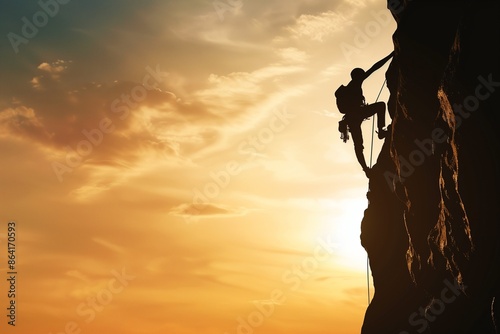 Rock Climber Hanging on Sheer Cliff Face photo