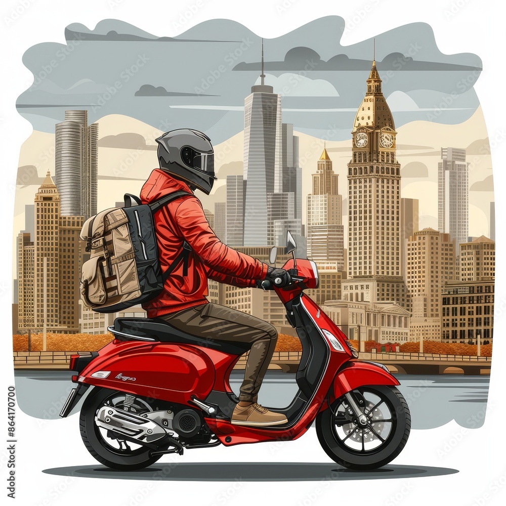 Delivery scooter driver with backpack riding in the city Delivery scooter driver with backpack riding in the city