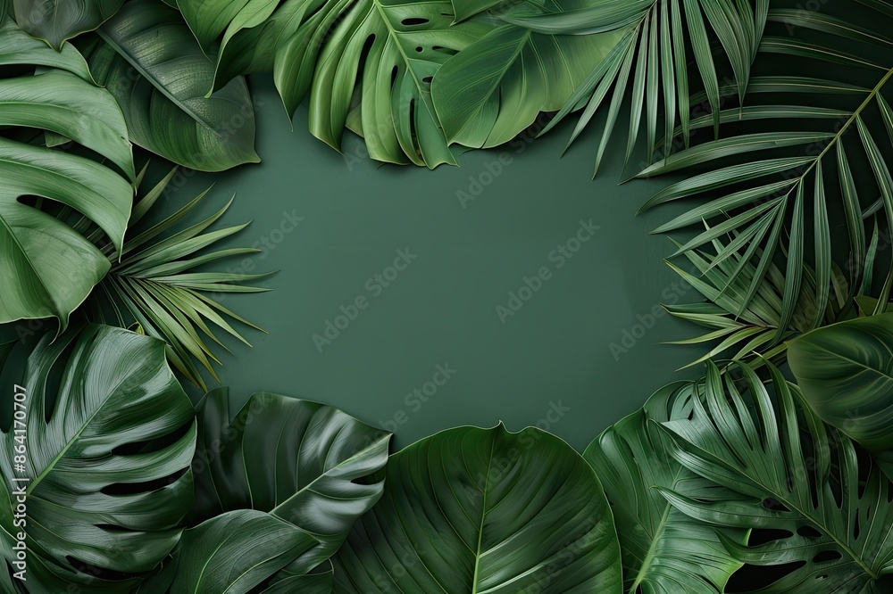 Fototapeta premium Lush tropical leaves frame, blank center, vibrant summer design