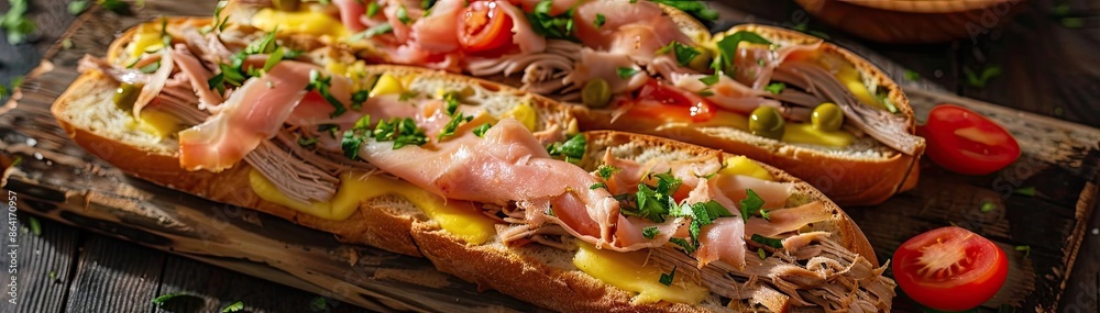 Gourmet open-faced sandwiches with ham, cheese, greens, and tomatoes on rustic bread served on a wooden board. Gourmet open-faced sandwiches with ham, cheese, greens, and tomatoes on rustic bread served on a wooden board.