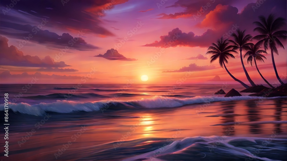 The sun sets behind the horizon, casting a warm glow on the rolling waves of the sea. The sky is painted in shades of pink, orange and purple, creating a stunning backdrop for the silhouettes of palm The sun sets behind the horizon, casting a warm glow on the rolling waves of the sea. The sky is painted in shades of pink, orange and purple, creating a stunning backdrop for the silhouettes of palm