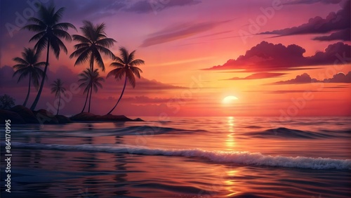 The sun sets behind the horizon, casting a warm glow on the rolling waves of the sea. The sky is painted in shades of pink, orange and purple, creating a stunning backdrop for the silhouettes of palm 