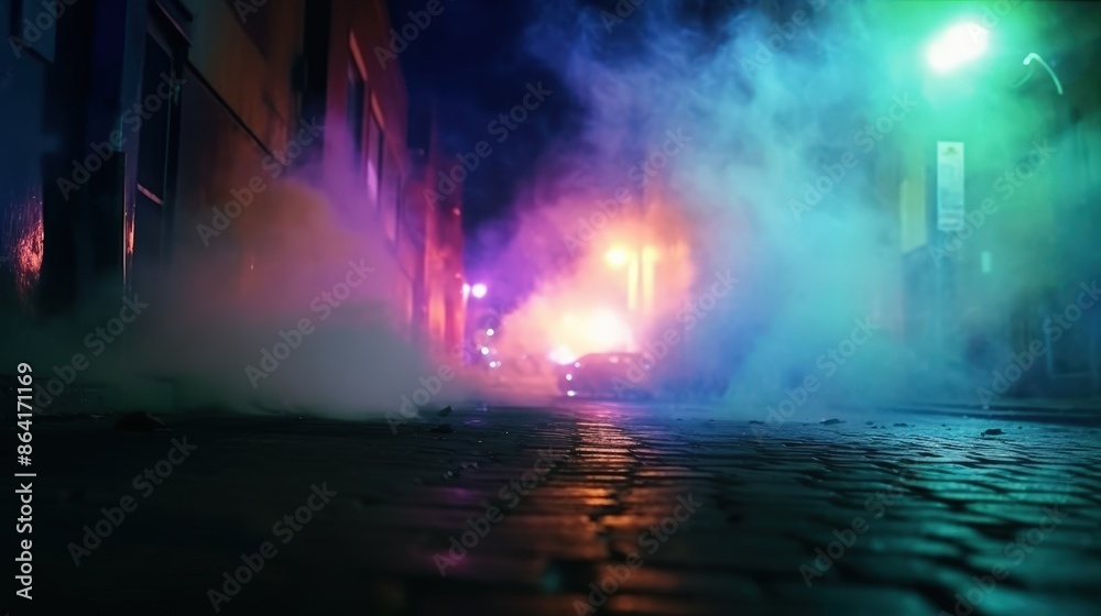 Mysterious Nighttime Street Scene with Smoke and Lights