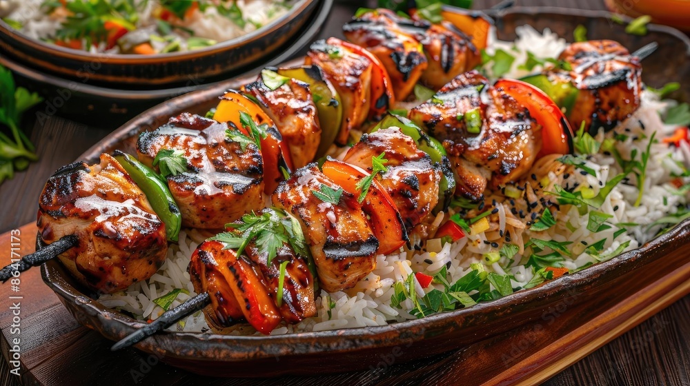 Grilled chicken skewers with bell peppers on rice, garnished with herbs, served on a rustic platter. Grilled chicken skewers with bell peppers on rice, garnished with herbs, served on a rustic platter.