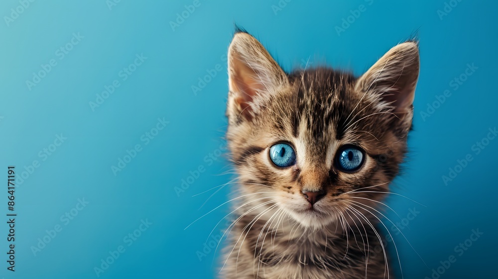 Portrait of a small black tan and white tabby kitten against a blue background, sky with clouds. Looking up to viewers right. Portrait of a small black tan and white tabby kitten against a blue background, sky with clouds. Looking up to viewers right.