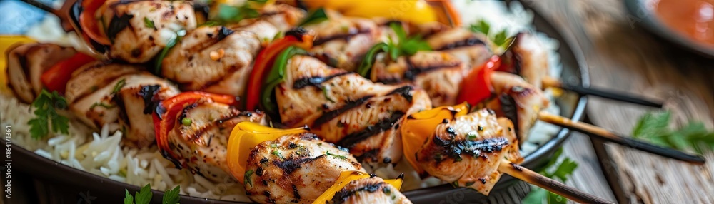 Close-up of grilled chicken skewers with vibrant vegetables served on a bed of rice, garnished with herbs, ready to be enjoyed. Close-up of grilled chicken skewers with vibrant vegetables served on a bed of rice, garnished with herbs, ready to be enjoyed.