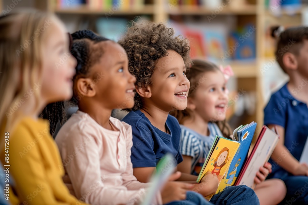Happy and Engaged Children Reading Together in Classroom Happy and Engaged Children Reading Together in Classroom