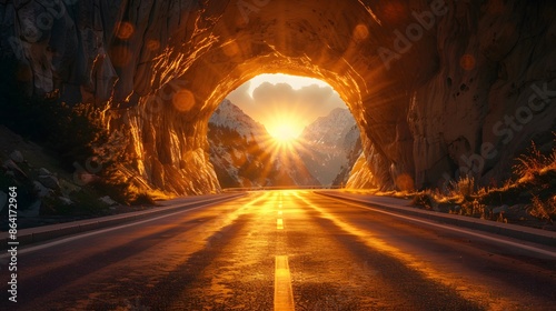 Road going through tunnel with light at the end of it, golden hour, mountains in background.