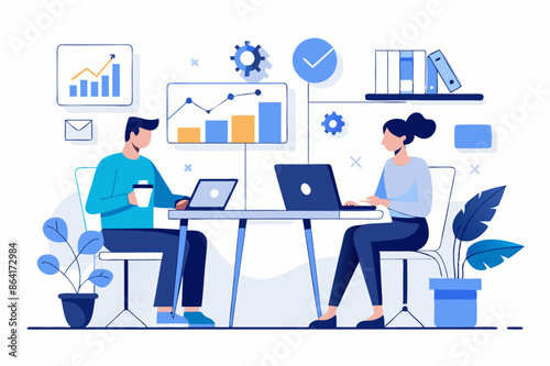 2 employees working in the office, discussing company business together, data analysis and data icons, illustration of technology company, behavior style, geometric shapes, minimalist style, blue 