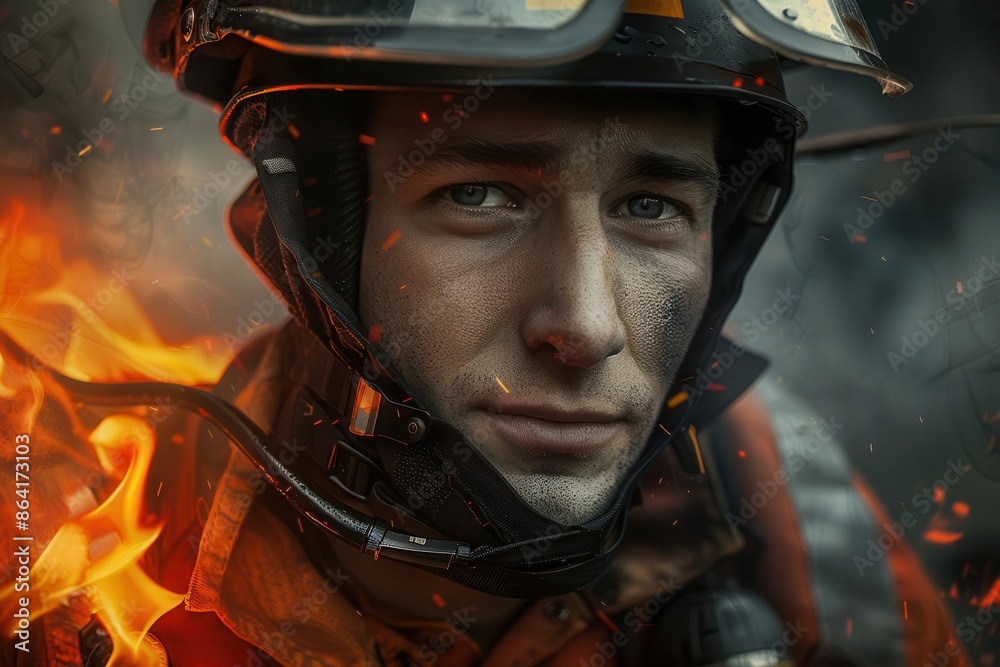 heroic firefighter in full gear helmet reflecting flames determination in eyes smokefilled background powerful portrayal of bravery and service in the face of danger heroic firefighter in full gear helmet reflecting flames determination in eyes smokefilled background powerful portrayal of bravery and service in the face of danger
