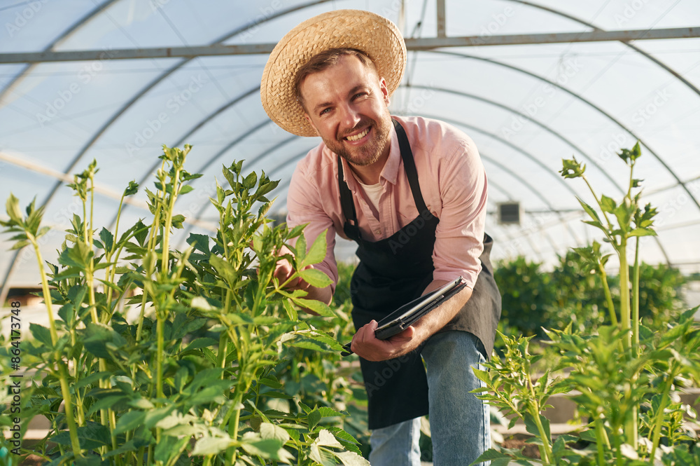 Obraz premium Using digital tablet. Man in greenhouse is working with plants