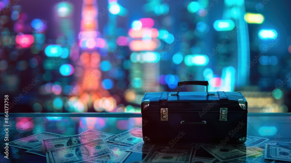 Money, briefcase, close up, focus on, copy space, vibrant colors, Double exposure silhouette with financial wealth Money, briefcase, close up, focus on, copy space, vibrant colors, Double exposure silhouette with financial wealth