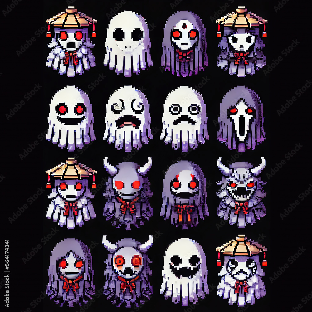 Detailed pixel art sprite sheet of Nurikabe wall yokai for RPG Detailed pixel art sprite sheet of Nurikabe wall yokai for RPG