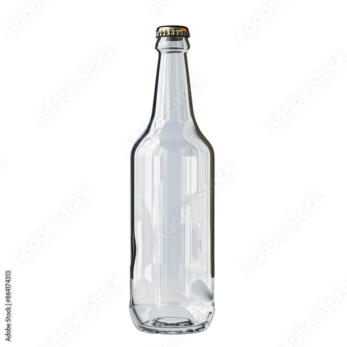 Empty clear glass bottle with a silver cap, isolated on a white background. Ideal for packaging or beverage-related designs. © JR-50