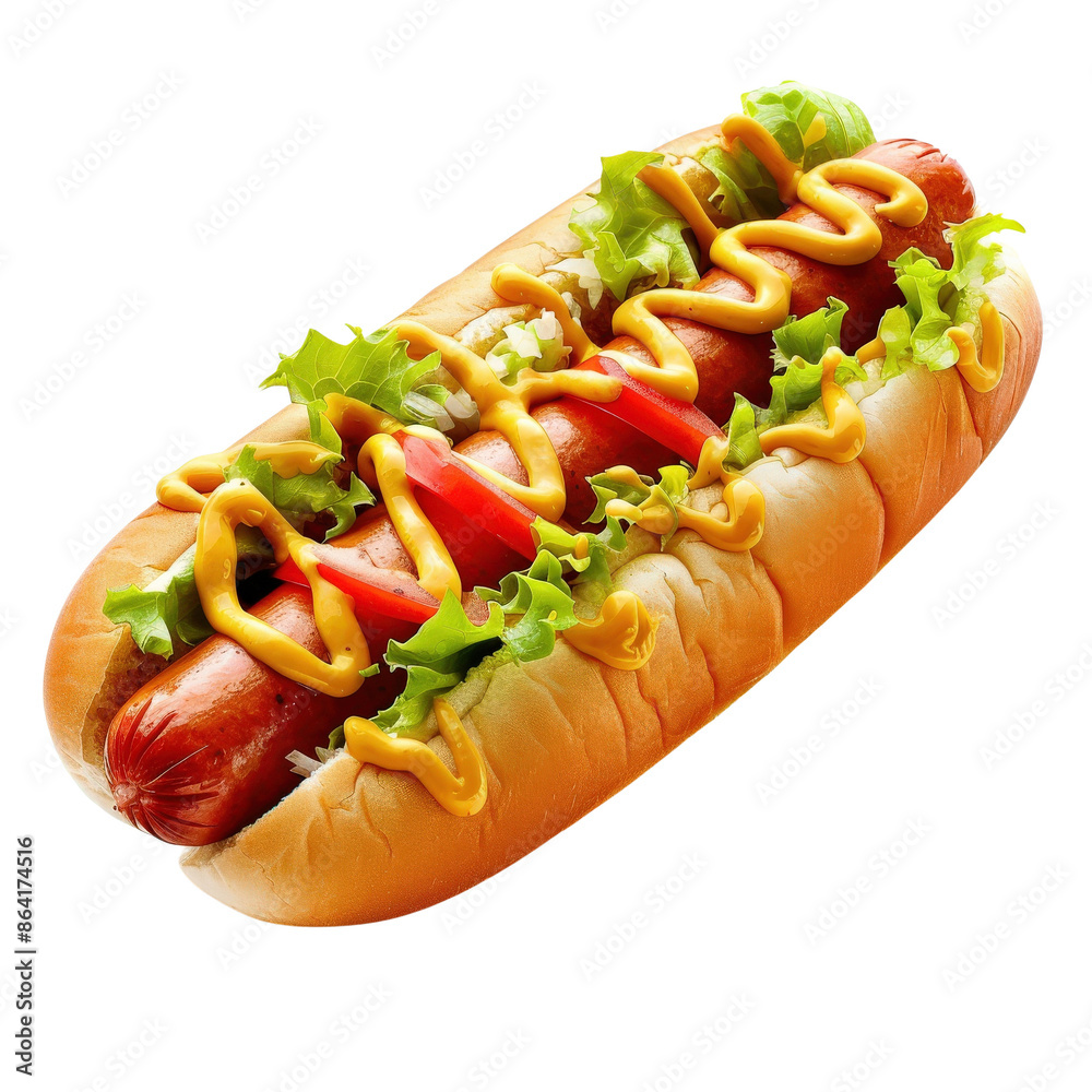 Delicious hot dog topped with fresh lettuce, tomato, and mustard in a soft bun, perfect for a picnic or casual meal. Delicious hot dog topped with fresh lettuce, tomato, and mustard in a soft bun, perfect for a picnic or casual meal.