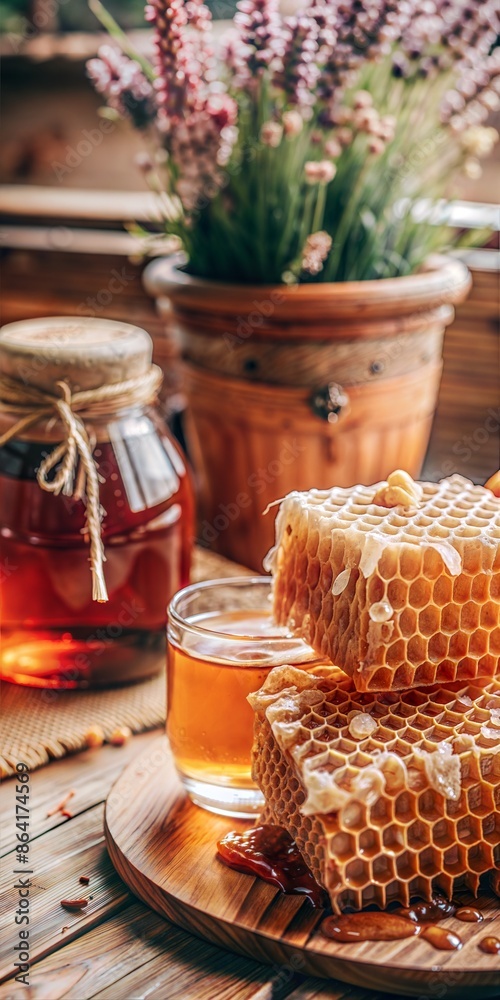 Honeycombs with honey on a wooden table near a farmhouse. Honeycombs with honey on a wooden table near a farmhouse.