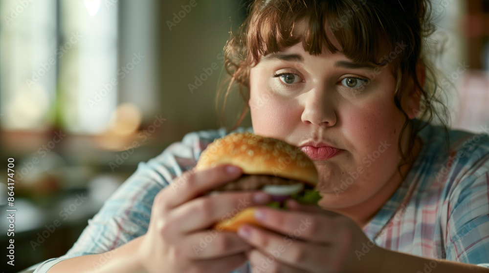 An overweight man holding a burger, looking at it with sadness and longing on his face An overweight man holding a burger, looking at it with sadness and longing on his face