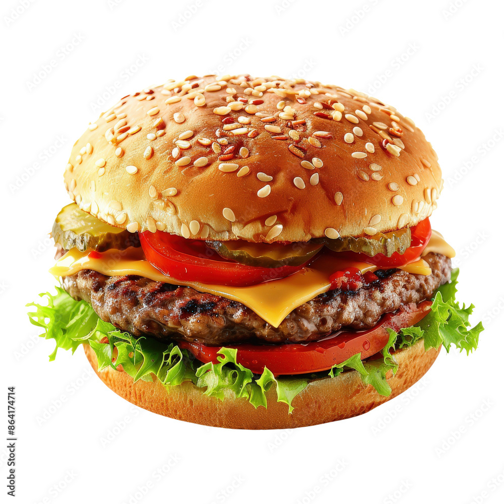 Delicious cheeseburger with lettuce, tomato, pickles, and melted cheese in a sesame seed bun. Perfect for a quick, tasty meal. Delicious cheeseburger with lettuce, tomato, pickles, and melted cheese in a sesame seed bun. Perfect for a quick, tasty meal.