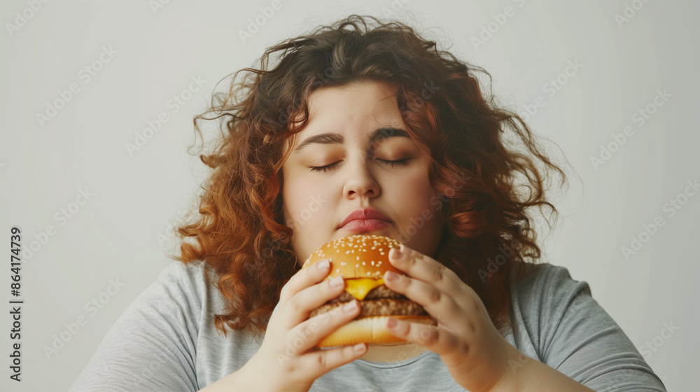 An overweight man holding a burger, looking at it with sadness and longing on his face An overweight man holding a burger, looking at it with sadness and longing on his face