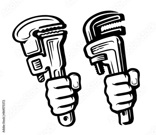 Hand holding adjustable pipe wrench. Fist with spanner tool. Home improvement, repair service symbol or sign