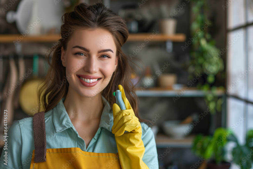 Cheerful young housewife in rubber gloves with cleaning tools, smiling in the living room, ready for housework chores. Cheerful young housewife in rubber gloves with cleaning tools, smiling in the living room, ready for housework chores.