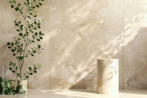 Original template for spa product presentation. Pedestal of marble slabs and branches with green leaves against background of wall in bathroom with masonry in light beige colors © Mamstock