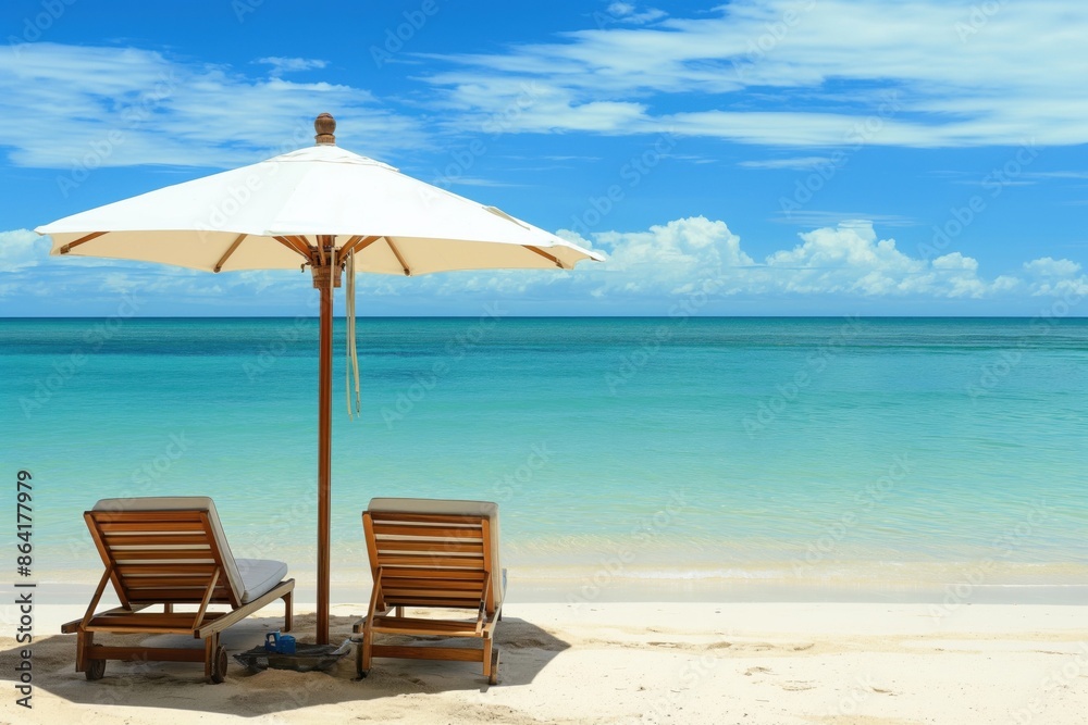Obraz premium A photo of a beach with clear blue water and white sand, featuring sun loungers under an umbrella. The composition evokes a sense of luxury travel, relaxation and vacation.