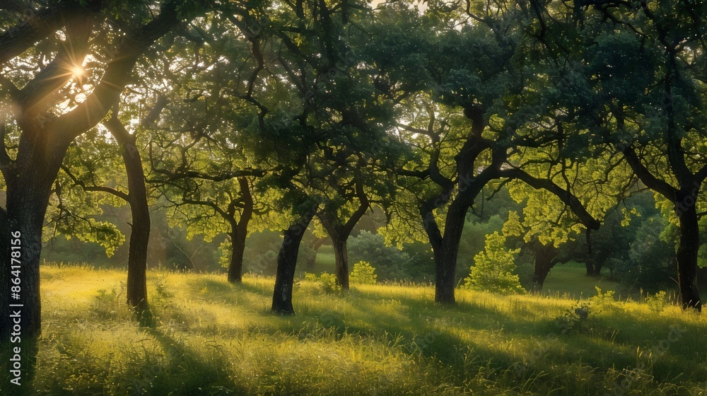 A natural oak forest with lots of trees and leaves or foliage in the background and green grass in mid-summer season. Countryside nature, beautiful landscape, outdoor park on sunny day A natural oak forest with lots of trees and leaves or foliage in the background and green grass in mid-summer season. Countryside nature, beautiful landscape, outdoor park on sunny day