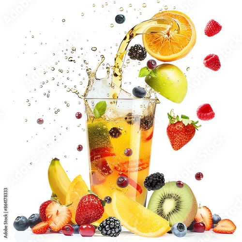 Fresh fruit juice with splash and flying fruit