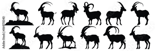 Mountain Goat silhouettes set, pack of vector silhouette design, isolated background