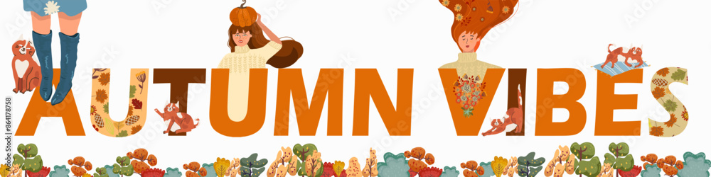 Autumn composition with flat text, huge letters. Fall symbols, hello fall, thanksgiving, characters of people. Hand drawn vector. Autumn composition with flat text, huge letters. Fall symbols, hello fall, thanksgiving, characters of people. Hand drawn vector.