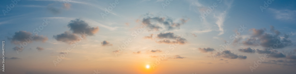 Dramatic panorama sky with cloud on sunrise and sunset time. Panoramic image. Dramatic panorama sky with cloud on sunrise and sunset time. Panoramic image.