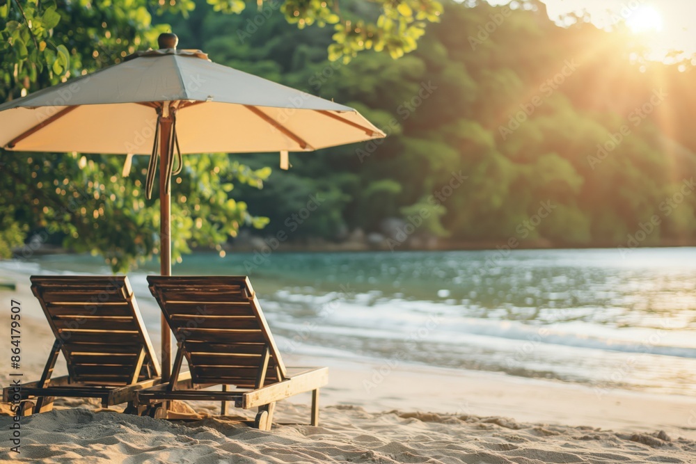 Obraz premium A photo of a beach with clear blue water and white sand, featuring sun loungers under an umbrella. The composition evokes a sense of luxury travel, relaxation and vacation.