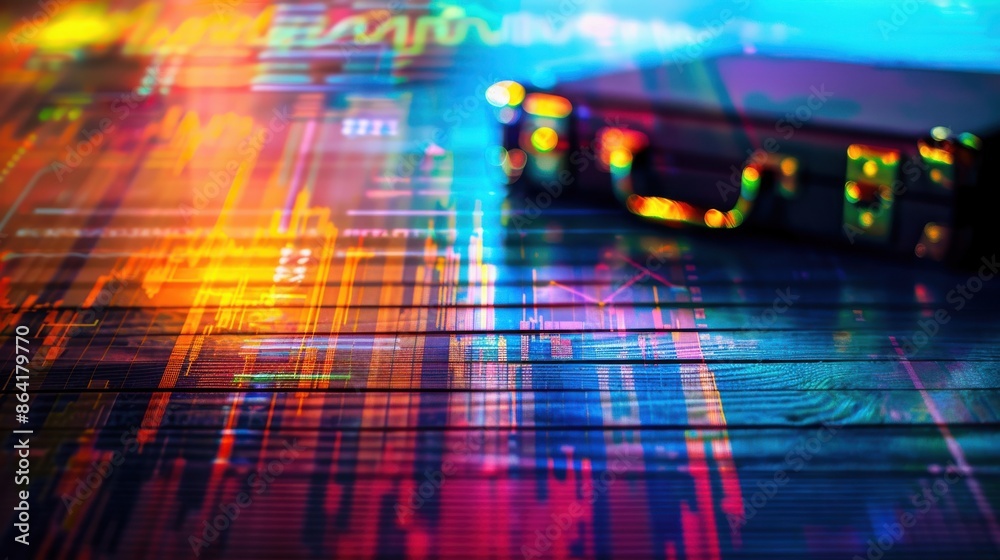 Fototapeta premium Stock chart, briefcase, close up, focus on, copy space, vibrant colors, Double exposure silhouette with financial graphs