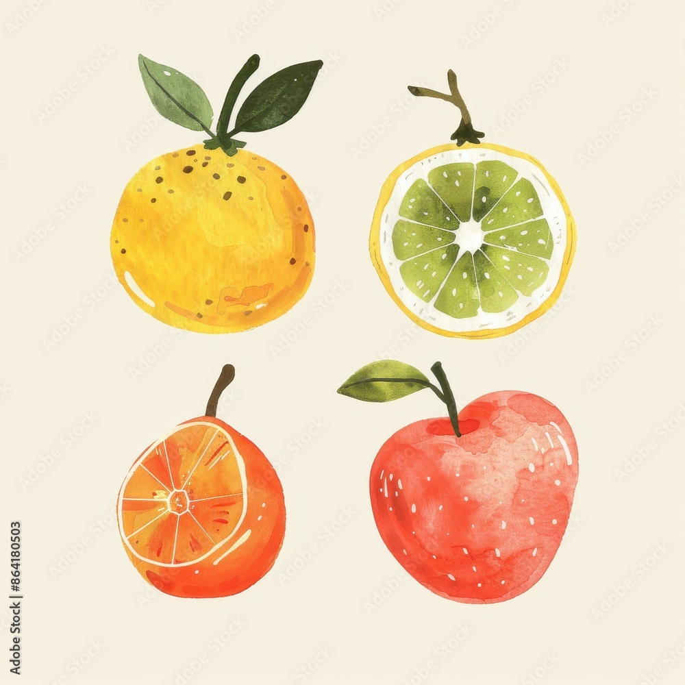 A set of watercolor paintings of various fruits, including oranges, bananas A set of watercolor paintings of various fruits, including oranges, bananas