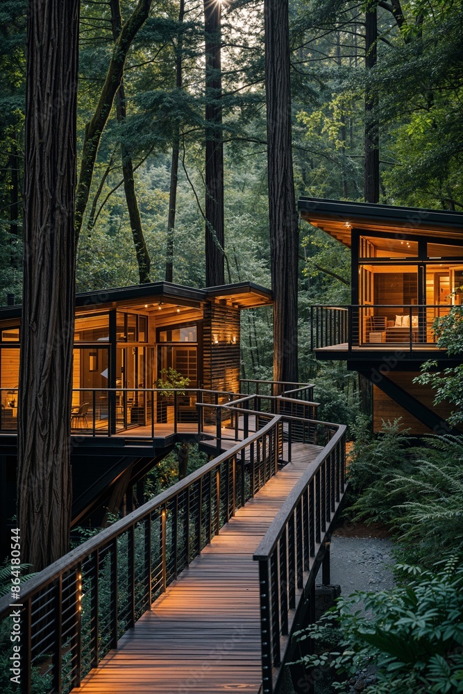 a wooden walkway leading to two cabins in the woods