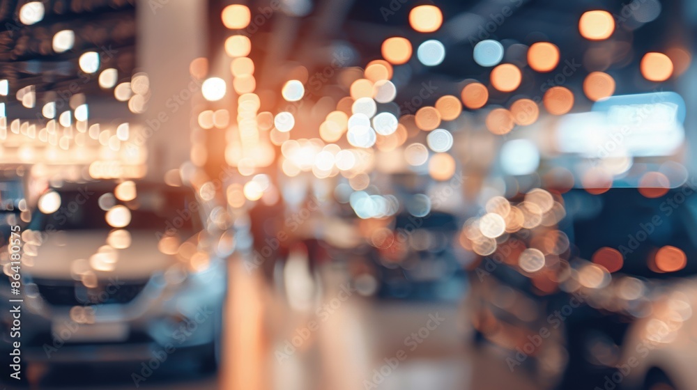 Abstract bokeh lights creating a warm, festive atmosphere in a car showroom, suggesting a modern, upscale event. Abstract bokeh lights creating a warm, festive atmosphere in a car showroom, suggesting a modern, upscale event.