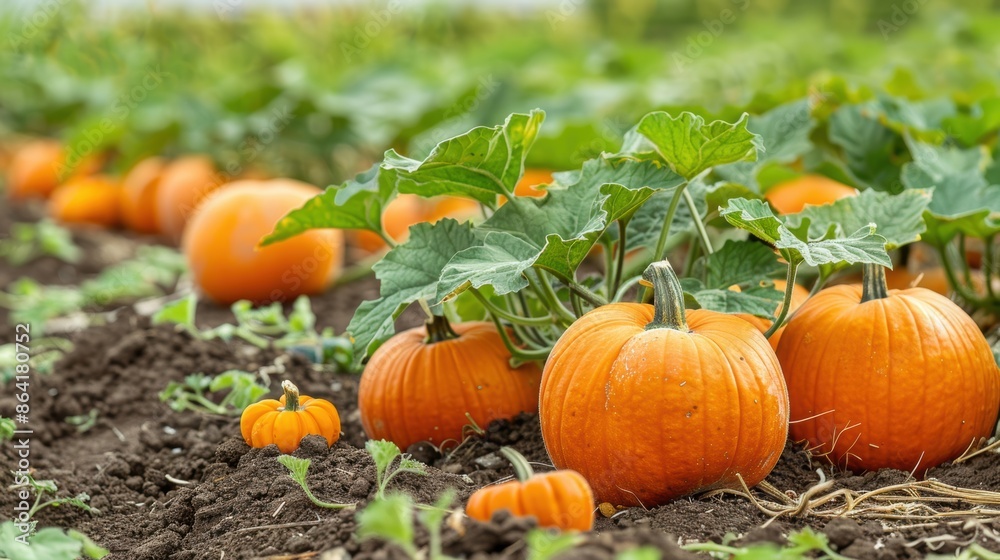 Bright orange pumpkins growing in a field, illustrating a lush, thriving pumpkin patch ready for harvest in autumn.