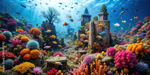 Underwater cemetery with ancient tombstones covered in colorful corals and fish swimming around, underwater, cemetery photo