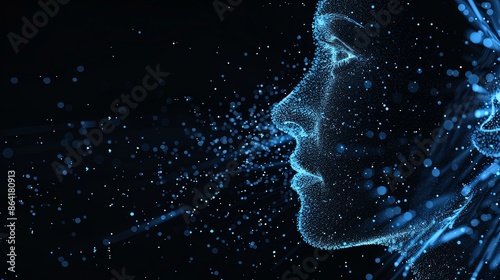 Digital hologram of face made of glowing lines and dots, AI artificial intelligence concept