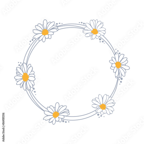 Daisy wreath for card or invitations Hand drawn, summer flower romantic style outline © Oksana