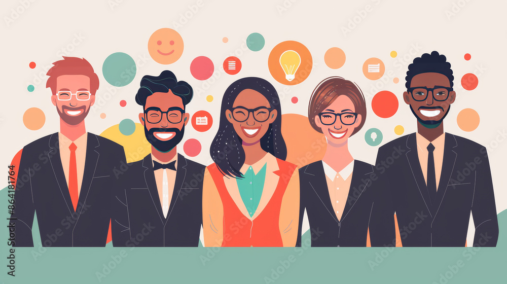 Team members are smiling, showing confidence. Business icons appear above them. Colorful, simple design.