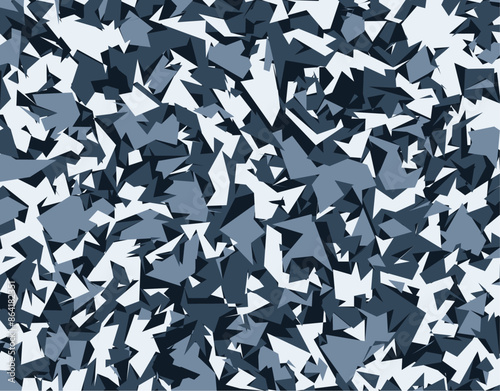 The camouflage pattern is a mix of blue and white triangles, showcasing a modern design with a striking symmetry and electric blue accents. Abstract vector military background for army clothing